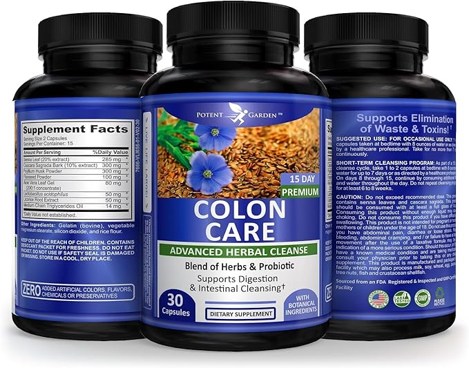 Potent Garden 15 Day Quick Colon Cleanse & Detox for Regularity and Healthy Digestion Support with Fiber, Herbs & Probiotics for Gut Health & Energy Support, Easy and Effective 30 Caps