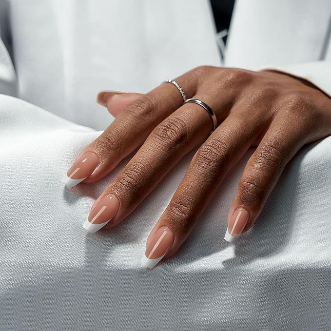 BTArtboxnails French Tip Press on Nails - Fake Nails Brown Short Coffin XCOATTIPS, No Need to File Gel Nail Tips for Nail Art Easy DIY