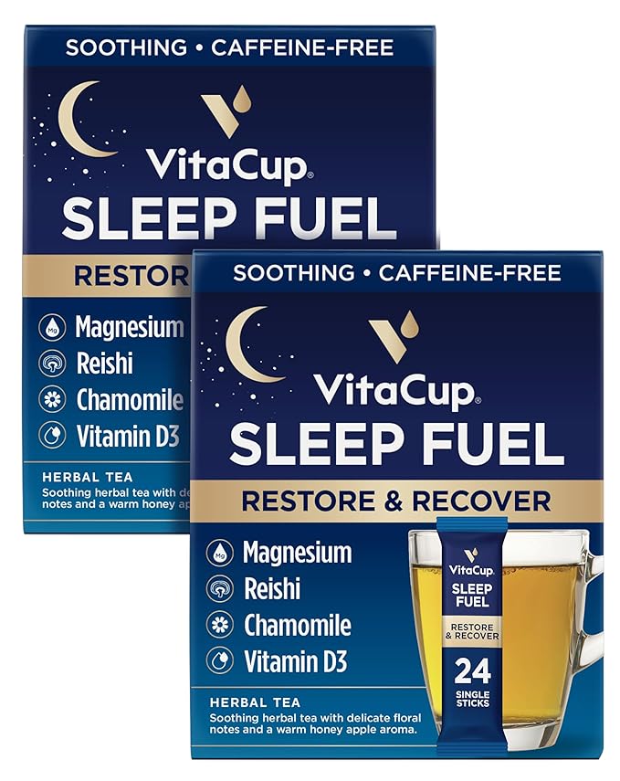 VitaCup Sleep Fuel Instant Tea Packets for Deep REM Sleep, Relax & De-Stress w/Chamomile, Magnesium, Vitamin D3, Coconut Water, Coconut Milk, Potassium, Calming for Full Body Relaxation, 48Ct