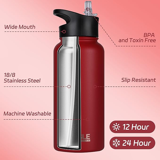 HASLE OUTFITTERS 32 oz Insulated Water Bottle Stainless Steel Double Walled Vacuum Sports Water Bottle with 2 Lids (Straw and Spout Lid) for Gym Camping Hiking(Red,4)