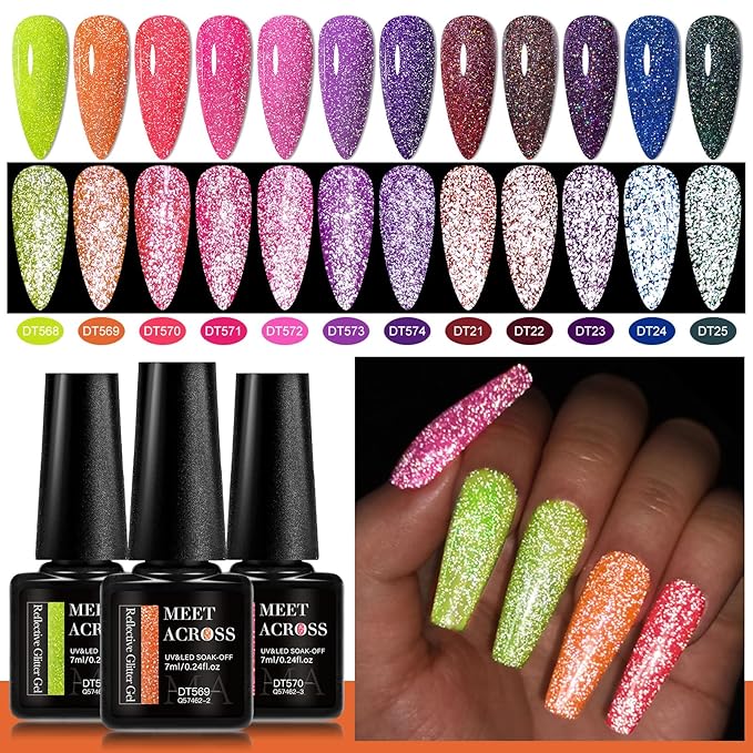 MEET ACROSS Reflective Glitter Gel Nail Polish Set of 12 Colors Pink Red Black Purple Shimmer Sparkle Gel Polish Collection Kit LED Soak Off Nail Polish Manicure Art Gel Kit Home DIY Nail Salon