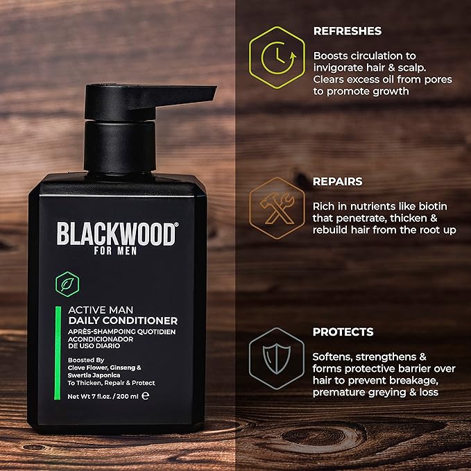BLACKWOOD FOR MEN Active Man Daily Conditioner - Men's Thickening Conditioner for Hair Loss & Dandruff - Deep Treatment for Shine - Natural Vegan Formula - Sulfate, Paraben, & Cruelty-Free (7 Oz)