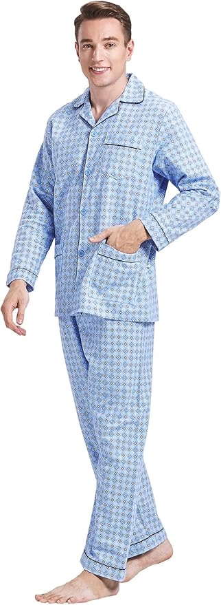 GLOBAL Men's Pajamas Sets 100% Cotton Flannel Sleepwear Long-Sleeve top & Bottom