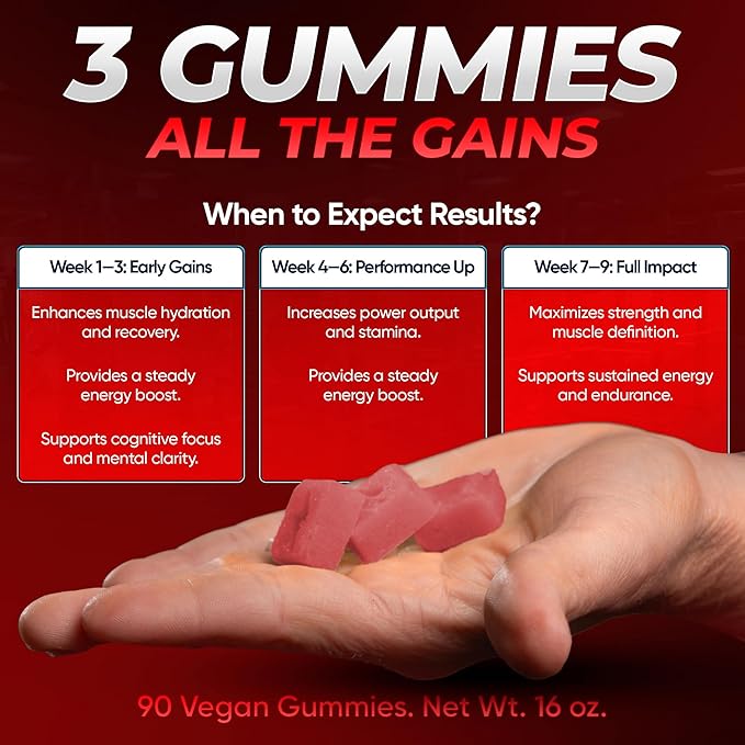 Creatine Monohydrate Gummies - 5g Creapure Creatine per Serving - Vegan - Boost Muscle Strength, Endurance, Recovery & Mental Focus - 90 Gummies, Gluten-Free (Strawberry)
