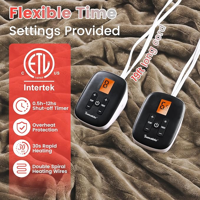 Sunable Heated Electric Blanket - Machine Washable Blanket with Time Settings 10 Heat Settings Queen Size 84×90 inches Taupe -Velvet