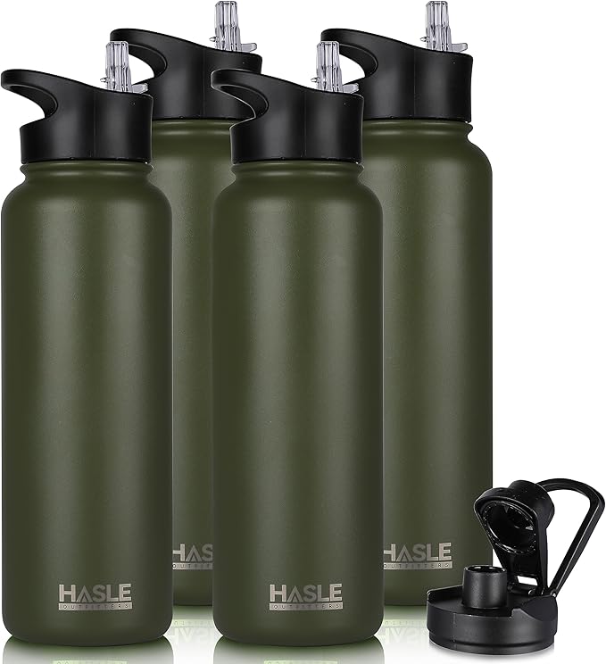 HASLE OUTFITTERS 40oz Stainless Steel Water Bottle, Vacuum Insulated Double Walled Leak Proof Sports Water Bottle with 2 Lids (Straw and Spout Lid) Thermo Mug Keep Cold and Hot(Army Green,4)