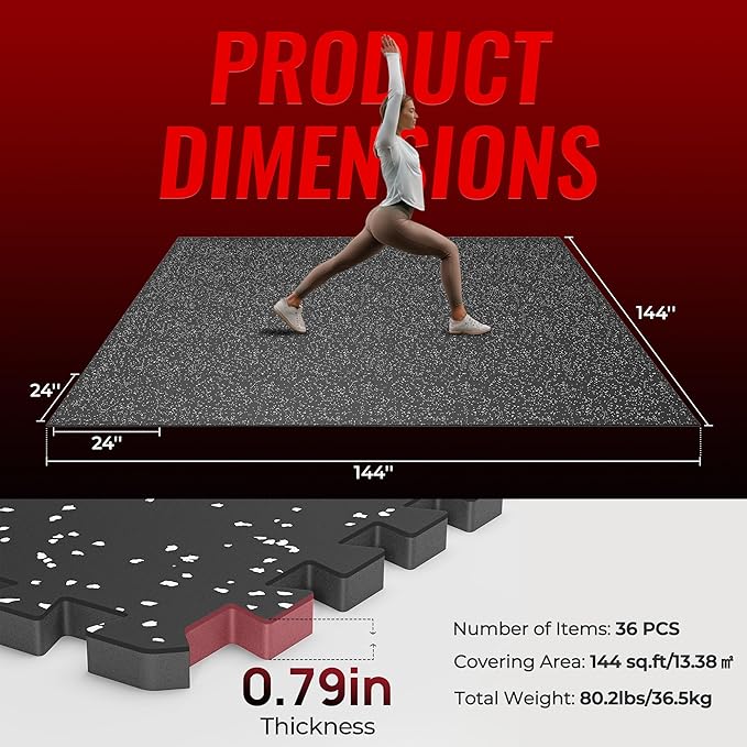 SUPERJARE 0.79'' Extra-Thick Exercise Equipment Mats, 36 Pcs 144 Sq Ft Rubber Top Floor Tiles with High Density EVA Foam, Interlocking Gym Flooring for Home Gym, Workout Mat, Black/Grey