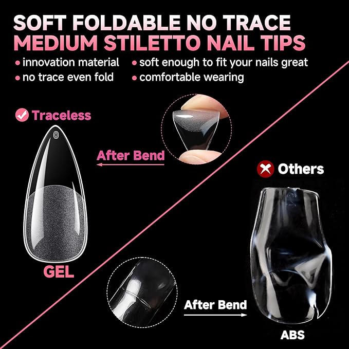 UNA GELLA Medium Stiletto Nail Tips Full Cover 120pcs Gel Nail Tips Stiletto Almond Pre-etched S tiletto Press on Nails Clear Acrylic Fake False Nails for Nail Extensions Home DIY Salon 12 Sizes