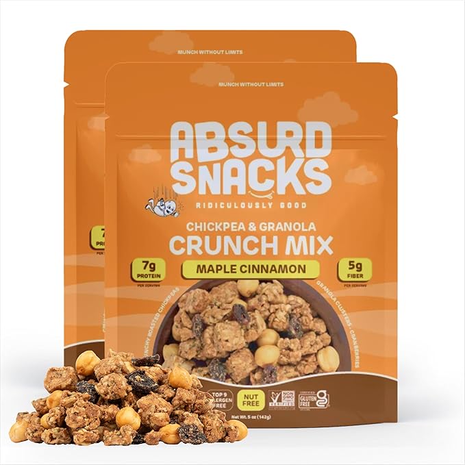 Absurd Snacks Chickpea & Granola Crunch Mix, Nut-Free, Gluten-Free, Plant-Based, Good Source of Protein & Fiber, Top-9 Allergen Free Snack Mix - 2-Pack (5 ounce, 3.5 servings) (Maple Cinnamon)