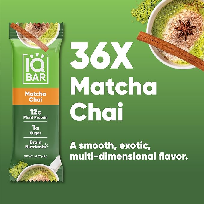 IQBAR Brain and Body Plant Protein Bars - Matcha Chai - 36-Count - Keto, Vegan, Low Carb, High Fiber, Gluten Free, Dairy Free, Low Sugar Snack with Nutrients for Focus, Energy, Meal Replacement