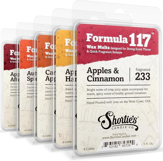 Shortie's Candle Company Apple Spice Wax Melts Variety 5 Pack - Formula 117-5 Highly Scented 3 Oz. Bars - Made with Natural & Essential Oils - Fall Warmer Wax Cubes