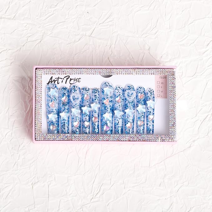 Sparkling Blue Star Press-On Nails with 3D Gems, Glitter Nail Art Set for Trendy & Stylish Manicure(M038, L)