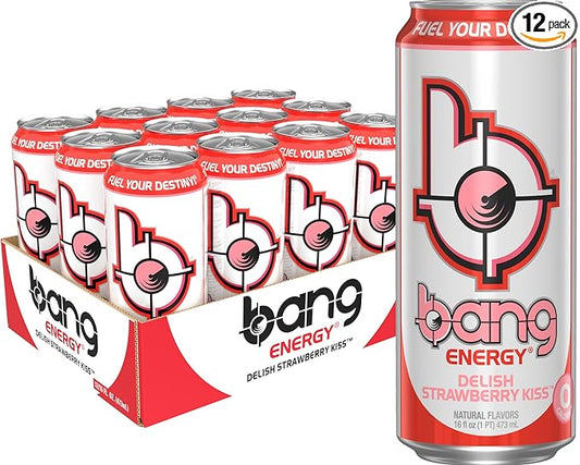 Bang Energy Delish Strawberry Kiss, Sugar-Free Energy Drink, 16 Fl Oz (Pack of 12)