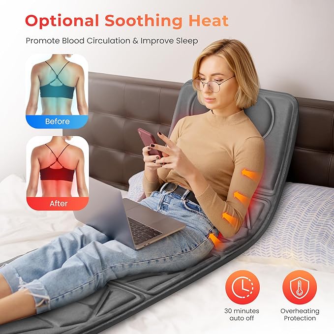 Massager Pad, Massage Mat with 10 Vibrating Motors for Pain Relief, Back Massager with Heat, Full Body Massage for Back, Lumbar,Leg, Gifts for Men Women, Long 67"