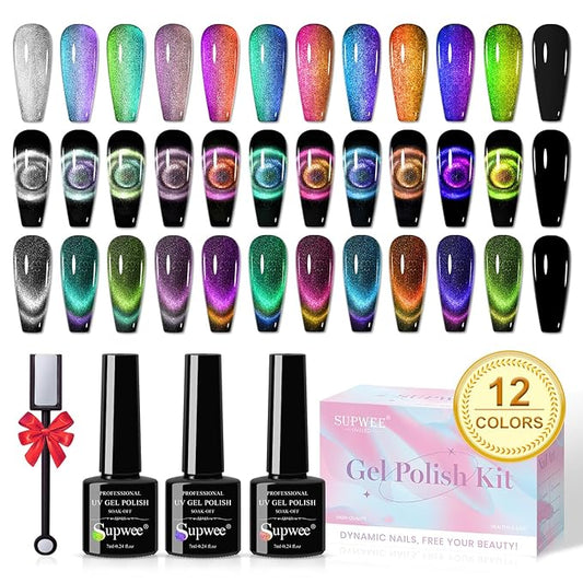 Cat Eye Gel Nail Polish Set - 12 Colors 9D Magnetic Nail Polish Gel Galaxy Cateye Nail Gels Polishes with 1 Black Gels and Magnetic Lamp Cure Required Home Manicure DIY Nail Art