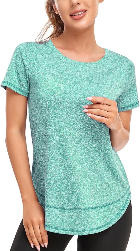 Women's Short Sleeve Workout Shirts Crewneck Sports Yoga Running Dry Fit Tops Side Split Tee