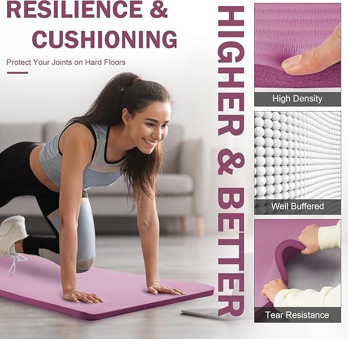 Yoga Mat 1-Inch Extra Thick High-Density Exercise Mat with Non-Slip Surface & Carry Strap for Men & Women Tear-Resistant Pilates Workout Mat for Home Gym, Floor Fitness, Deep Wine