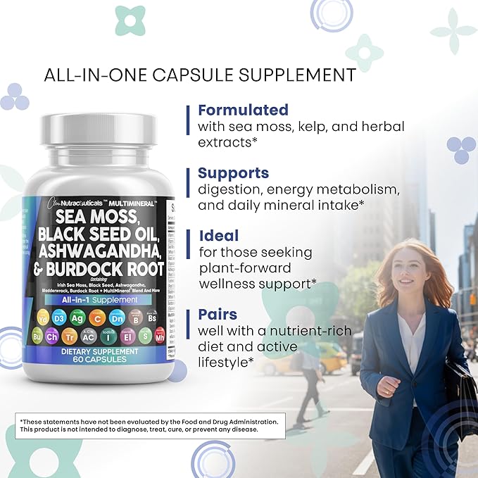 Sea Moss Black Seed Oil Ashwagandha Turmeric Bladderwrack Burdock & Vitamin C Vitamin D3 with Elderberry Manuka Dandelion Yellow Dock Iodine Chlorophyll ACV