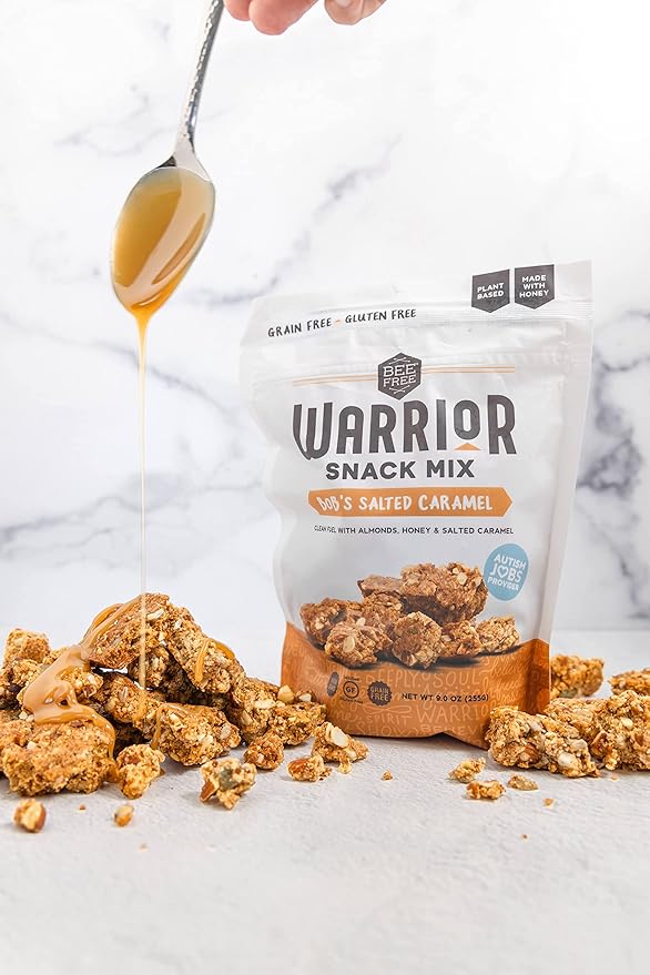 BeeFree Warrior Mix Gluten Free Granola - Chunky Granola Bites | Paleo, Low Carb, Grain Free, Preservative Free, Oat Free | Low Calorie Snacks | Bob's Salted Caramel, 9 Ounce Bag