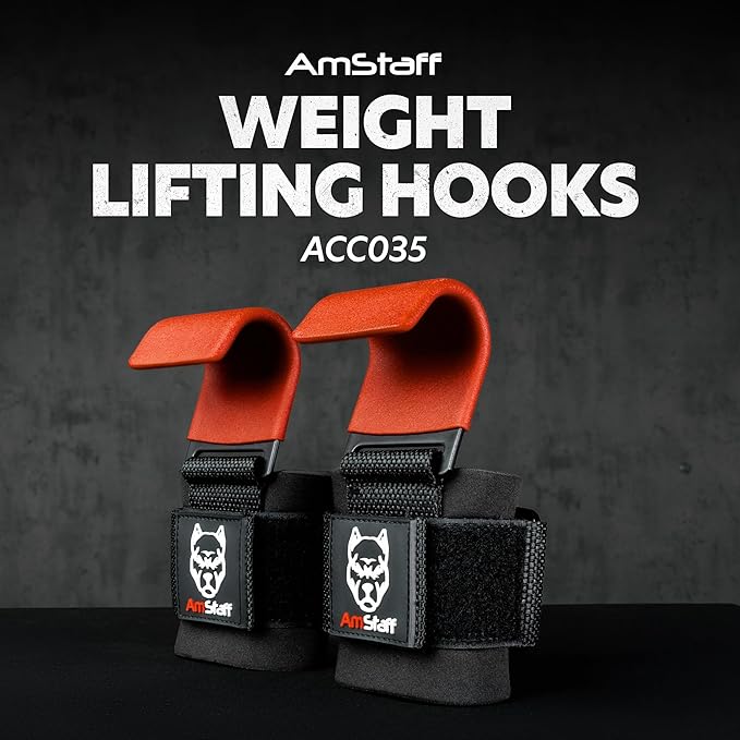 AmStaff Fitness Weight Lifting Hooks (Pair) - Gym Wrist Straps with Steel Hooks for Weightlifting, Pull-Ups, Deadlifts, Strength Training, and Fitness Workouts - Adjustable Neoprene Wrist Support
