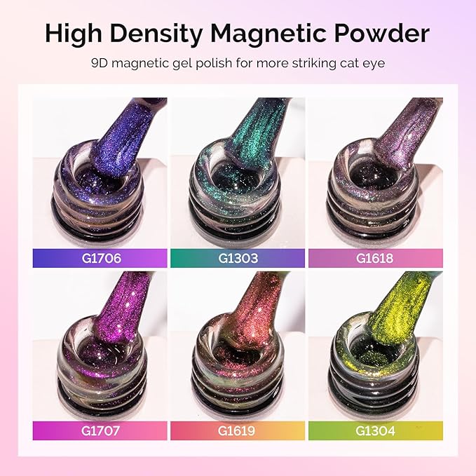 MelodySusie 9D Chameleon Cat Eye Gel Nail Polish Set 6 PCS, 15ml 0.5 Fl Oz Red Rosy Pink Glitter Holographic Magnetic Nail Polish with Magnet, UV Nail Polish for Nail Art Manicure Salon DIY at Home