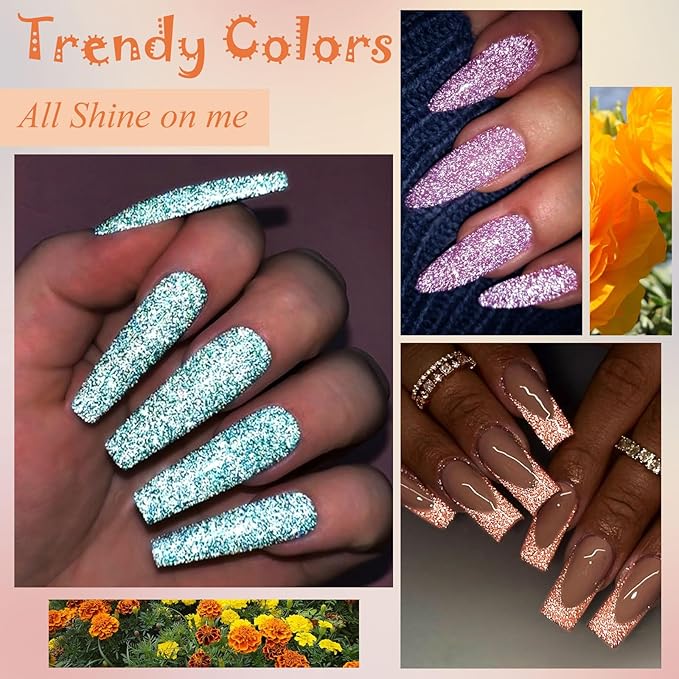 MEET ACROSS Reflective Glitter Gel Nail Polish, Shimmery Gel Polish Set 12 Pcs Sparkly Shiny Gel Soak Off UV LED Nail Art Varnish Manicure Kit DIY at Home