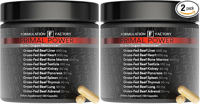 Formulation Factory Primal Power 10-in-1 Grass-Fed Organ Supplement with Beef Liver, Heart, Marrow, Testicle, Kidney, Supports Vitality, Hormones, Energy, Immunity (4 Month Supply, 240 Capsules)