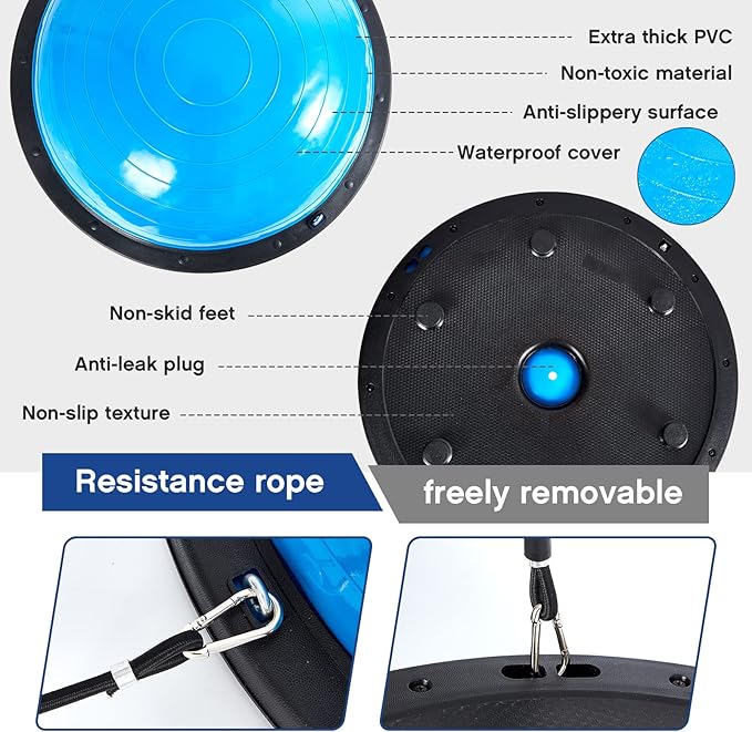 Honoson Half Ball Trainer Yoga Ball with Resistant Band Foot Pump Set, Half Exercise with Fitness Elastic Belt Hedgehog Balance Pods for Core Stability Full Body Workout Gym