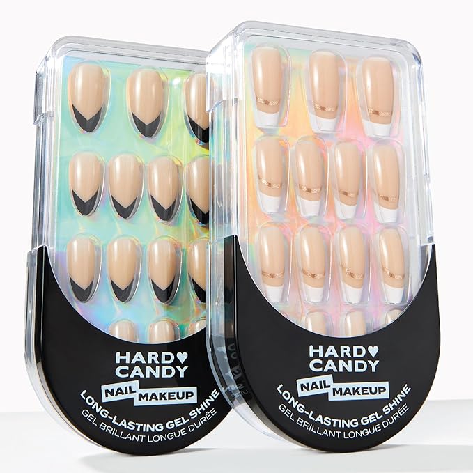 French Tip Press-On Nails – Hard Candy Glossy Gel-Shine False Nail Kit with Nail Glue, 30 Pieces, Reusable (Gold, Long)