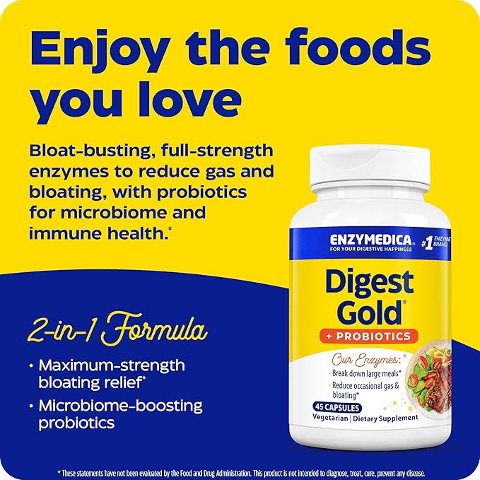 Enzymedica Digest Gold + Probiotics, 2-in-1 Formula for Gut Health, Digestive Enzymes & 1 Billion Active Probiotic Cultures, 45 Count (FFP)