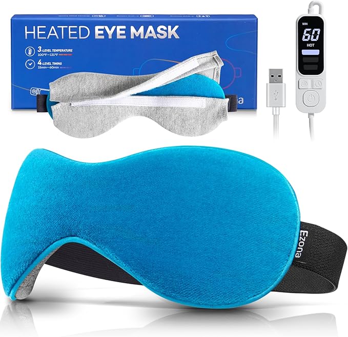 Ezona Heated Eye Mask, Warm Eye Compress Mask for Dry Eyes, USB Electric Eye Heating Pad with Temperature & Timer Control, Dry Eyes, Blepharitis, Sinus Migraine (Blue)
