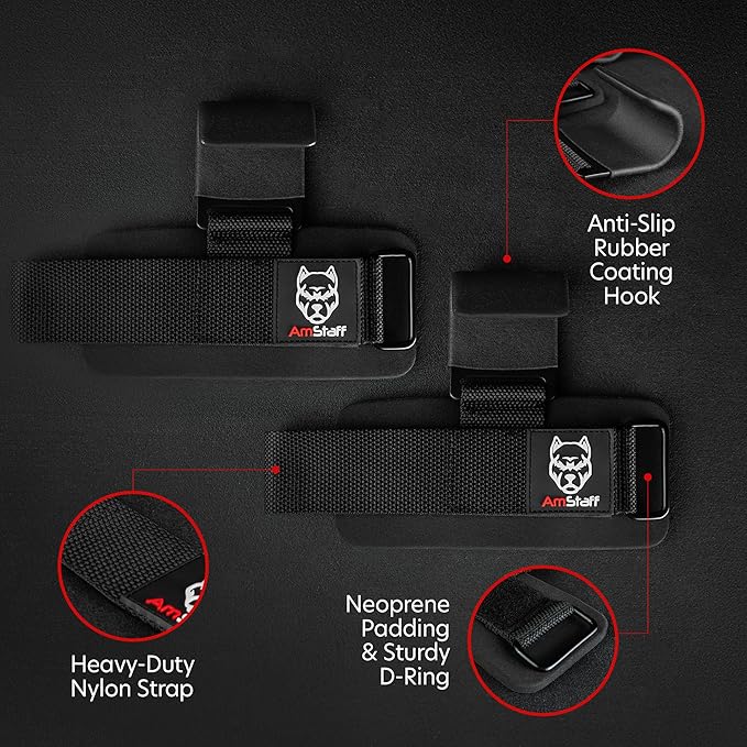 AmStaff Fitness Weight Lifting Hooks (Pair) - Gym Wrist Straps with Steel Hooks for Weightlifting, Pull-Ups, Deadlifts, Strength Training, and Fitness Workouts - Adjustable Neoprene Wrist Support