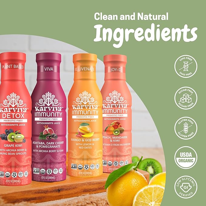 Karviva Organic Detox Juice Cleanse & Immunity Boost, Ancient Remedies for Gentle Detox & Restore Digestion, Prebiotics, Vitamin C, D & Marine Collagen, Low-Sugar, Gluten-Free, 1 to 3 Day Use, (6 BPA-Free Bottles, 12 oz Each)