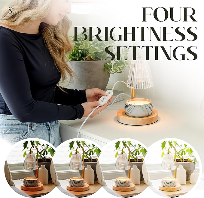 Wood Candle Warmer Lamp with Large Round Base & Adjustable Height, Dimmable Candle Lamp with Timer, Electric Lamp Candle Warmer for Jar Candles, Candle Melter Lamp with 4 Halogen Light Bulbs