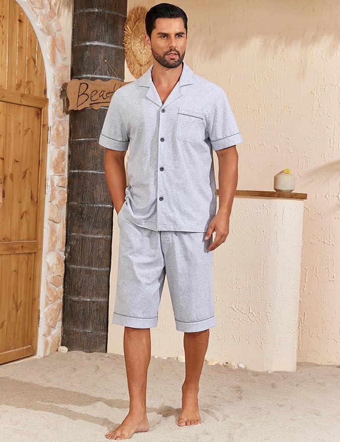 COLORFULLEAF Men's 100% Cotton Short Sleeve Pajama Sets Button Down Notched Collar Sleepwear Soft Lounge Pjs with Pockets