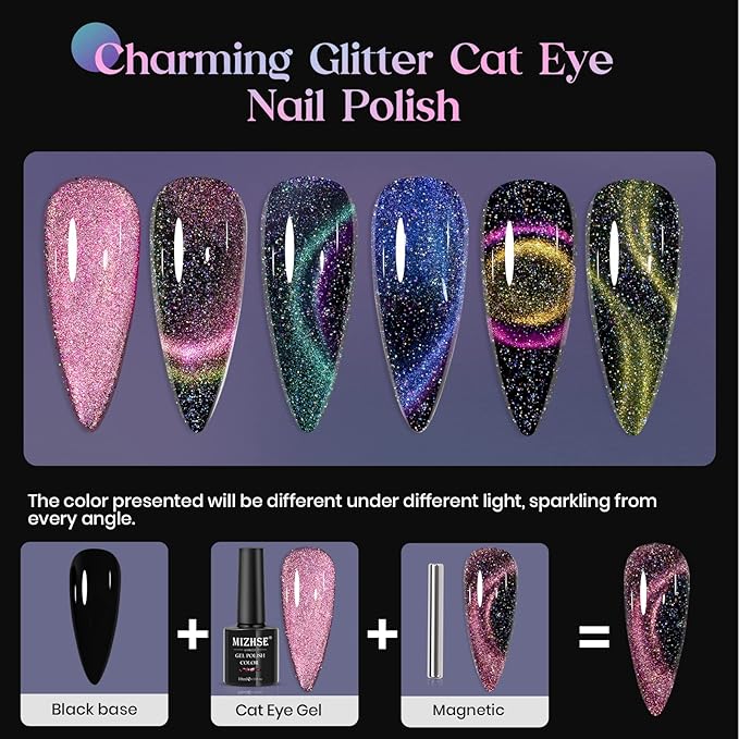 MIZHSE Reflective 9D Cat Eye Gel Nail Polish, Glitter Magnetic Gel Polish Set with 2 Magnet Sticks, Chameleon Magic Effect Holographic Cateye Nail Polish Soak Off Nail Art Gift