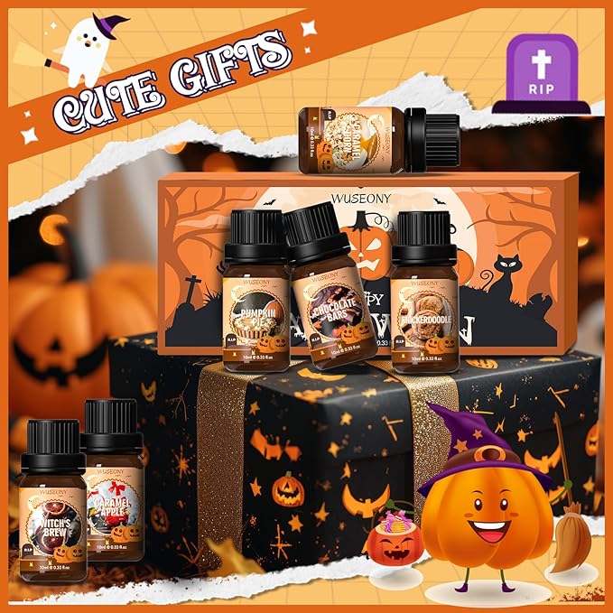 Halloween Fragrance Oils Set, Essential Oils for Diffusers Home, Scented Oils for Candle Soap Making - Pumpkin Pie, Caramel Apple, Chocolate Bars, Snickerdoodle, Caramel Corn, Witch's Brew