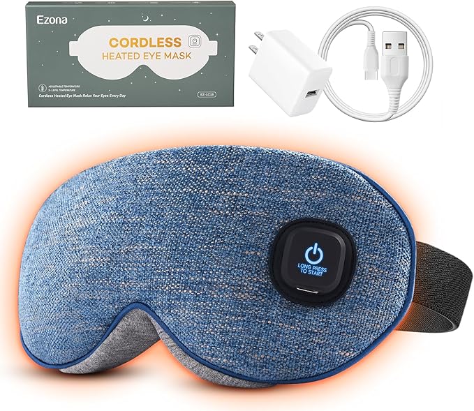 Ezona Cotton Cordless Heated Eye Mask, Warm Eye Compress Mask for Dry Eyes, Washable Eye Heating Pad for Travel, Dry Eyes, Blepharitis, Sinus Migraine (Blue)