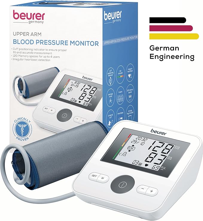 Beurer BM27 Upper Arm Blood Pressure Monitor for Home Use with Adjustable Cuff, Data Transfer to Apple Health and co., 120 Memory Sets, Irregular Heart Rate Detection, Risk Indicator