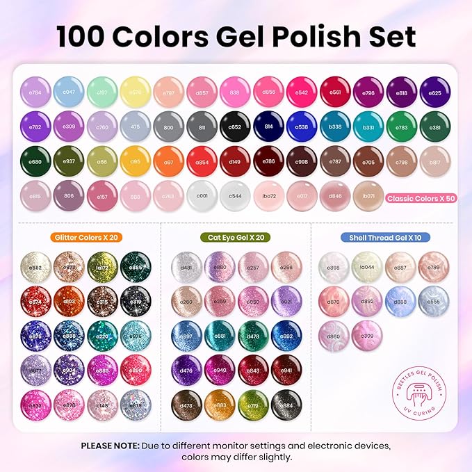Beetles Nail Nook Gel Nail Polish Set - 119 PCS 100 Colors Gel Polish Kit Base Glossy Matte Glitter Top Coat Glitter Pearl Cat Eye White Red Pink Nude Uv Led Nails Gift for Women
