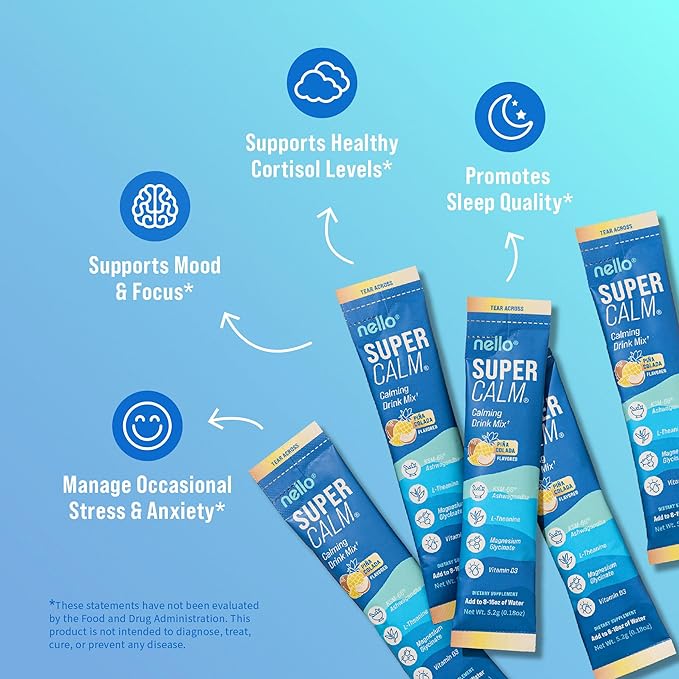 Nello Supercalm Drink Mix - Ashwagandha KSM 66, Magnesium Glycinate & L-Theanine Supplement - Ashwagandha Root Extract - Focus and Relaxation Support (20 Travel Packets) - Pina Colada