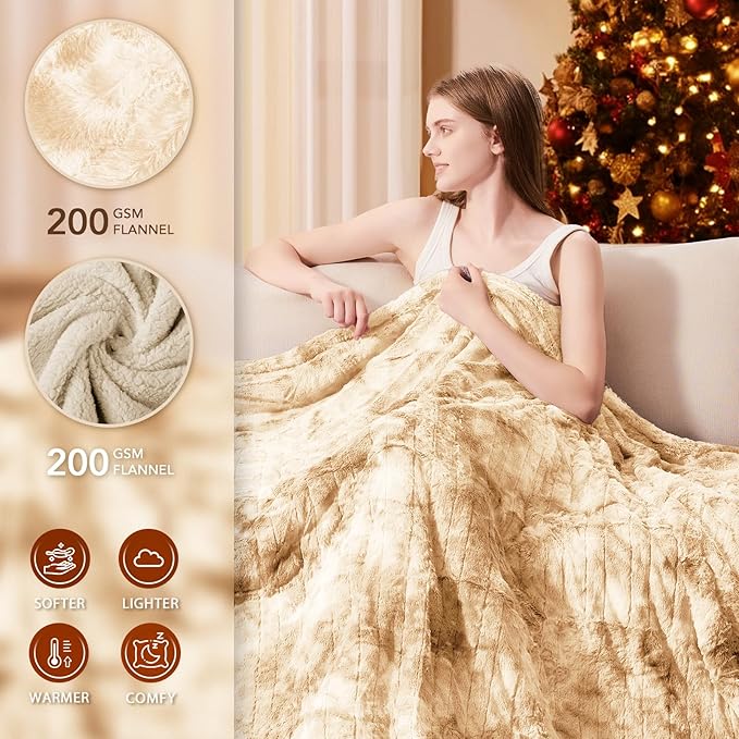 Homemate Electric Heated Blanket Queen Size - 84"x90" Heating Blanket Queen Size Dual Control 1/2/4/6/8 Hours Auto-Off 10 Heat Level Over-Heat Protection Luxury Faux Fur Sherpa ETL Certification