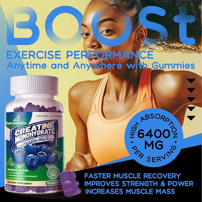 Creatine Monohydrate Gummies Complex for Men & Women -Advanced Formula W/L-Taurine + Vitamin B12, Sugar Free Chewable Supplement,90 Blueberry Gummies