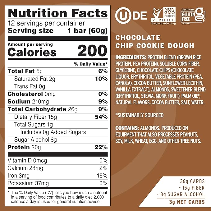 No Cow Vegan Protein Bars, Upgraded Chocolate Chip Cookie Dough | 20g Plant Based Protein, Gluten Free, Dairy Free, Soy Free, Keto Friendly, Low Sugar, High Fiber Snack Bars | Pack of 12