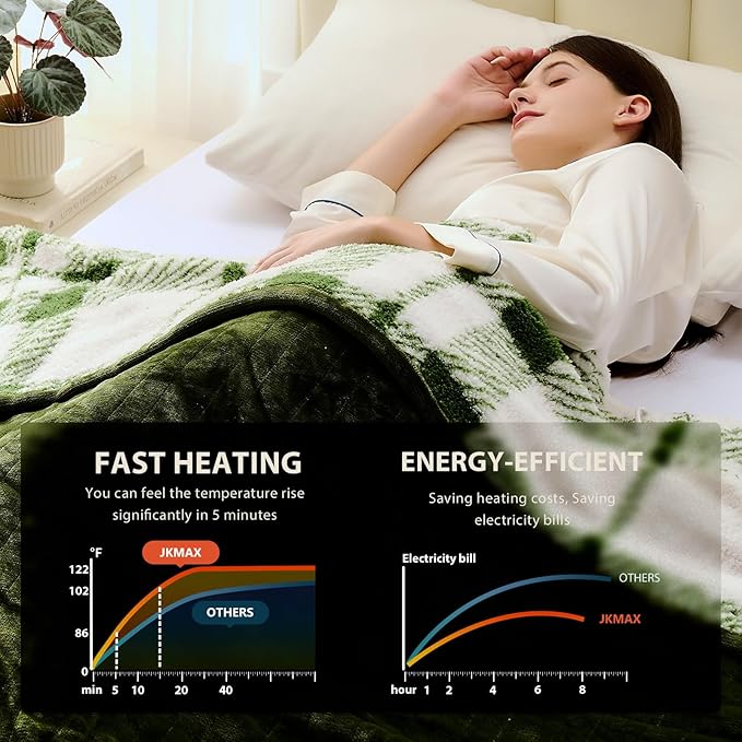 Heated Electric Blanket King Size - 100"x90" Flannel Heating Blanket with 10 Heating Levels & 5 Time Settings Over-Heat Protection, Winter Warmer for Adults with ETL Certification（Green）