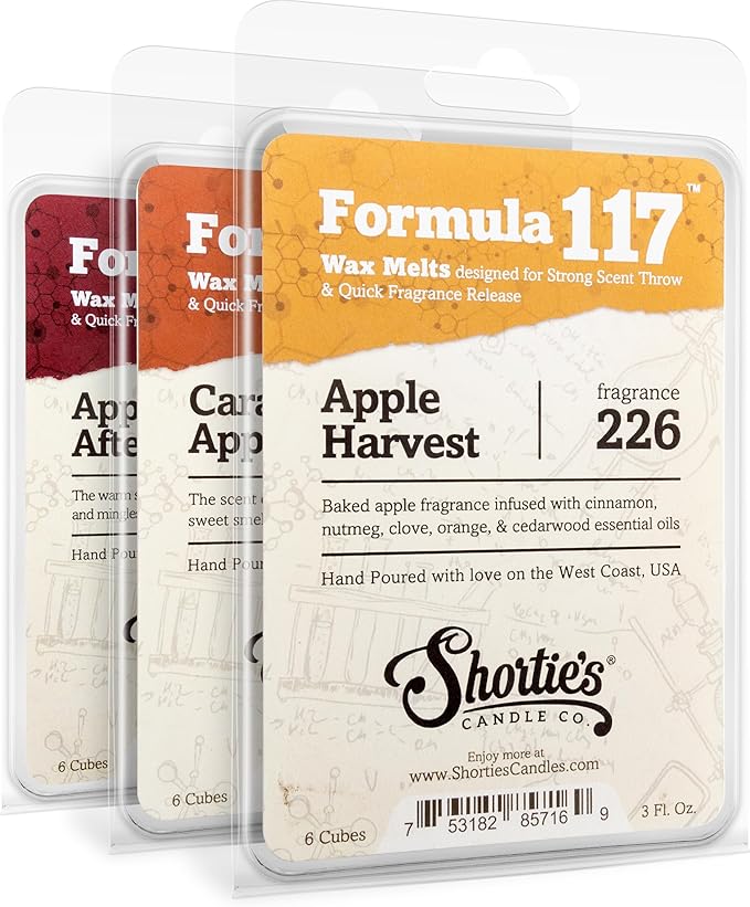 Shortie's Candle Company Apple Wax Melts Variety Pack - Apple Harvest, Caramel Apple, Apple Afternoon - Formula 117-3 Highly Scented 3 Oz. Bars - Made with Natural Oils - Apple Warmer Wax Cubes