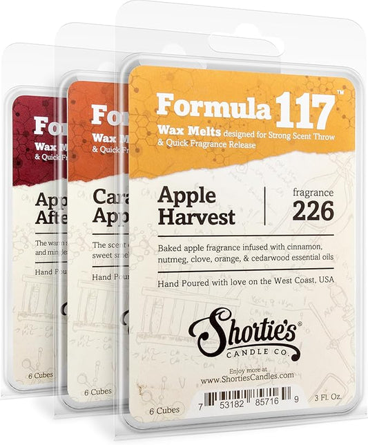 Shortie's Candle Company Apple Wax Melts Variety Pack - Apple Harvest, Caramel Apple, Apple Afternoon - Formula 117-3 Highly Scented 3 Oz. Bars - Made with Natural Oils - Apple Warmer Wax Cubes