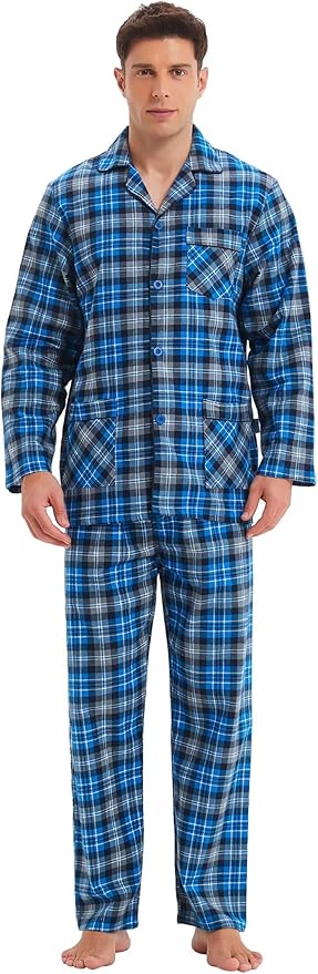 GLOBAL Men's Pajamas Sets 100% Cotton Flannel Sleepwear Long-Sleeve top & Bottom
