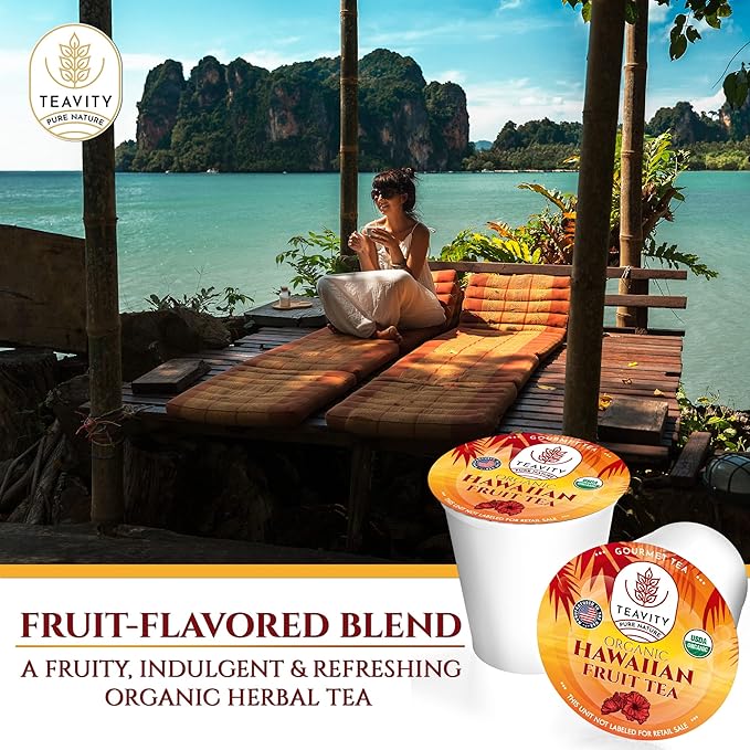 Organic Hibiscus Sabdariffa Tea Pods with Peach, Mango, & Passionfruit - Naturally Decaf Tea - Hawaiian Fruit Tea by Teavity (24 Tea Pods)