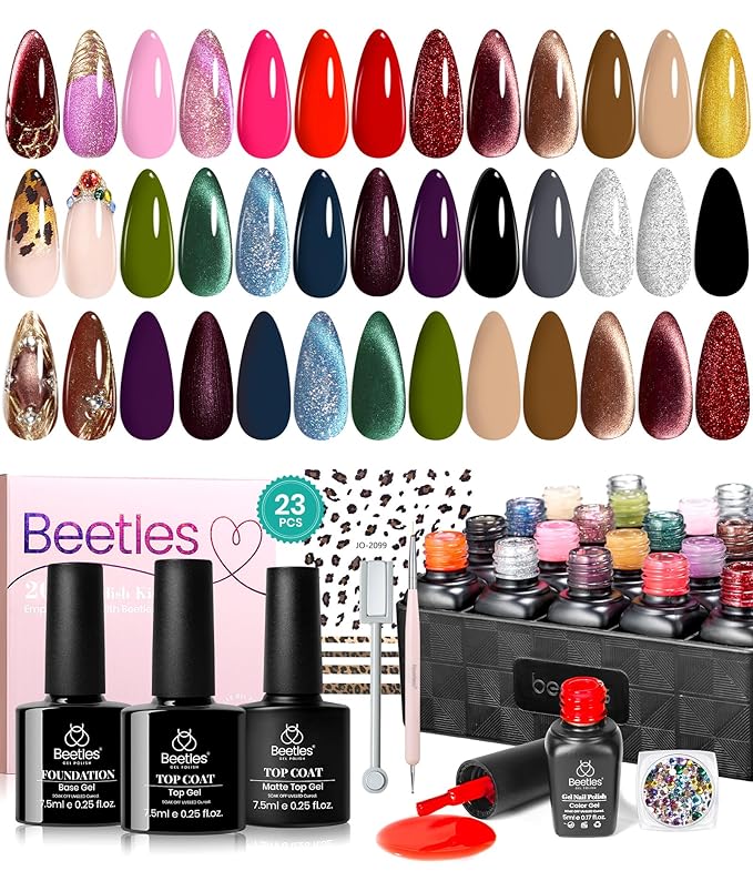 Beetles Winter Gel Polish Kit- Cat Eye Glitter 20 Colors Leopard-Print Theme Gel Polish With Sticker Rhinestone Base Coat Glossy & Matte Top Coat Mob Wife Collection Soak off Uv Gel Gifts for Women